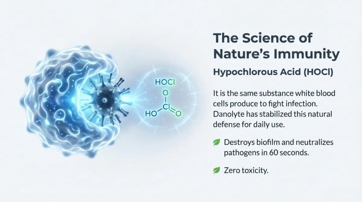 alt="Hypochlorous acid (HOCl) — nature-inspired disinfectant chemistry that neutralizes pathogens and biofilm"