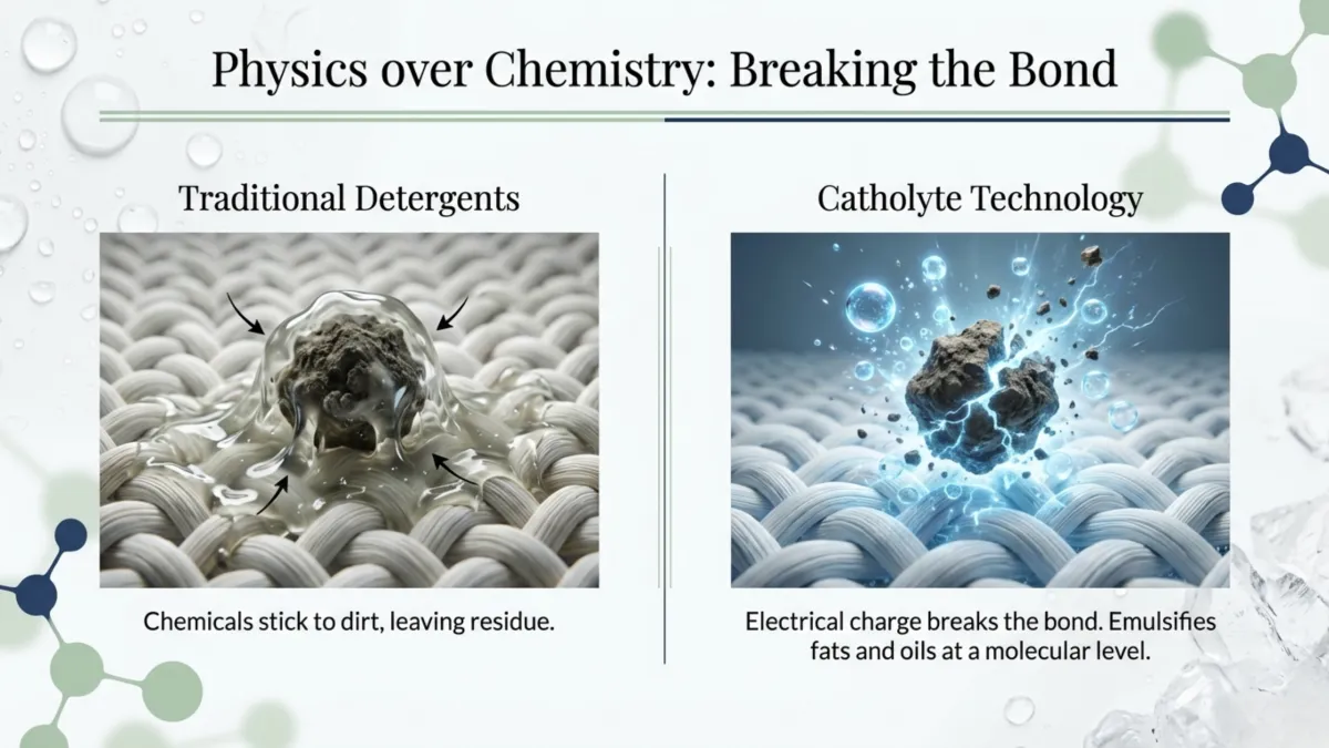 Physics over chemistry — traditional detergents stick to dirt leaving residue; catholyte technology uses electrical charge to break bonds and emulsify fats/oils at a molecular level