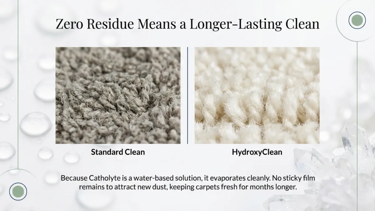 Zero residue means a longer-lasting clean — comparison “Standard Clean” vs “HydroxyClean”; water-based catholyte evaporates cleanly so no sticky film remains to attract new dust