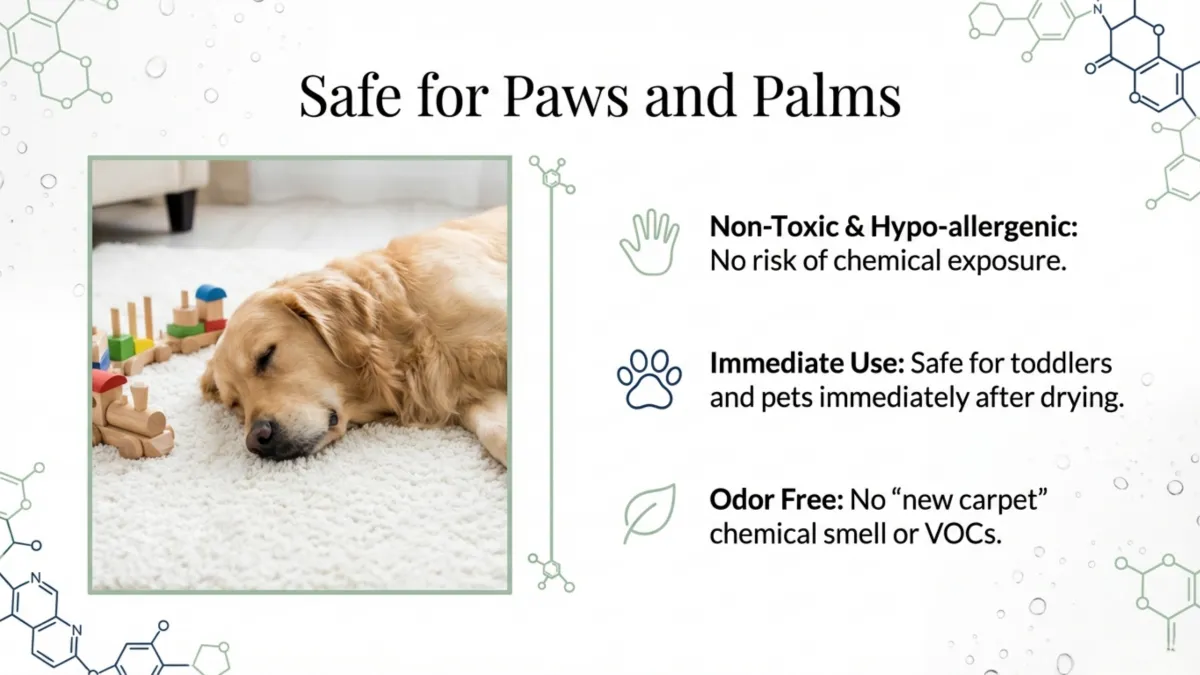 Safe for paws and palms — non-toxic & hypo-allergenic; no risk of chemical exposure; safe for toddlers and pets after drying; odor-free with no “new carpet” chemical smell or VOCs