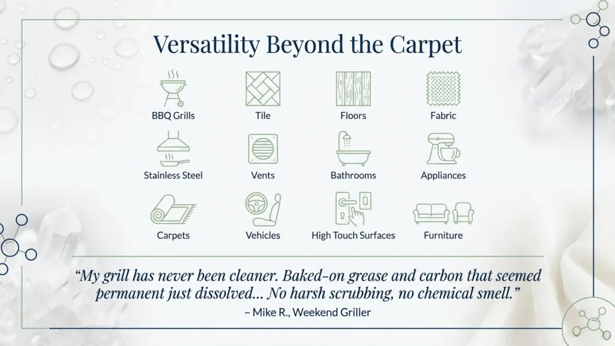 Versatility beyond the carpet — works on BBQ grills, tile, floors, fabric, stainless steel, vents, bathrooms, appliances, carpets, vehicles, high-touch surfaces, furniture; testimonial: baked-on grease dissolved with no chemical smell