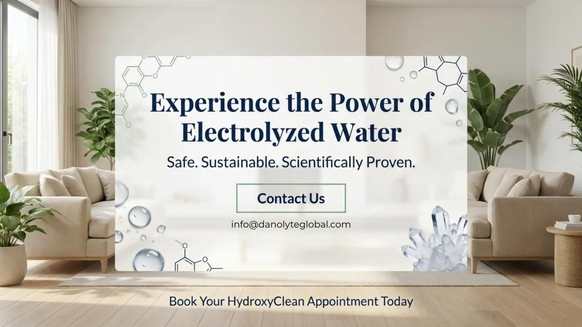 Experience the power of electrolyzed water — safe, sustainable, scientifically proven; contact Danolyte Global (info@danolyteglobal.com); “Book your HydroxyClean appointment today”