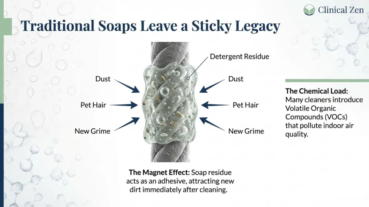 Traditional soaps leave a sticky legacy — detergent residue attracts dust, pet hair, and new grime; VOC chemical load can pollute indoor air quality