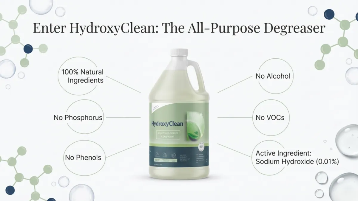 Enter HydroxyClean all-purpose cleaner & degreaser — 100% natural ingredients; no alcohol, no VOCs, no phosphorus, no phenols; active ingredient sodium hydroxide 0.01%