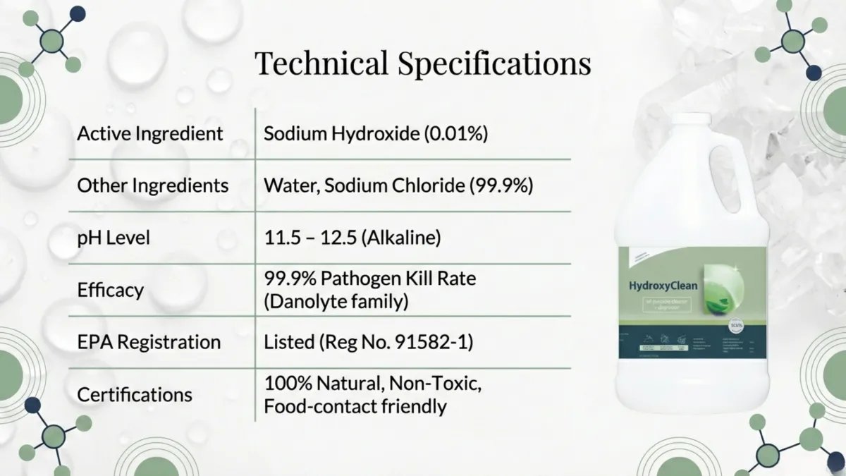 HydroxyClean technical specifications — sodium hydroxide 0.01%; water + sodium chloride 99.9%; pH 11.5–12.5 alkaline; 99.9% pathogen kill rate (Danolyte family); EPA listed Reg. No. 91582-1; 100% natural, non-toxic, food-contact friendly