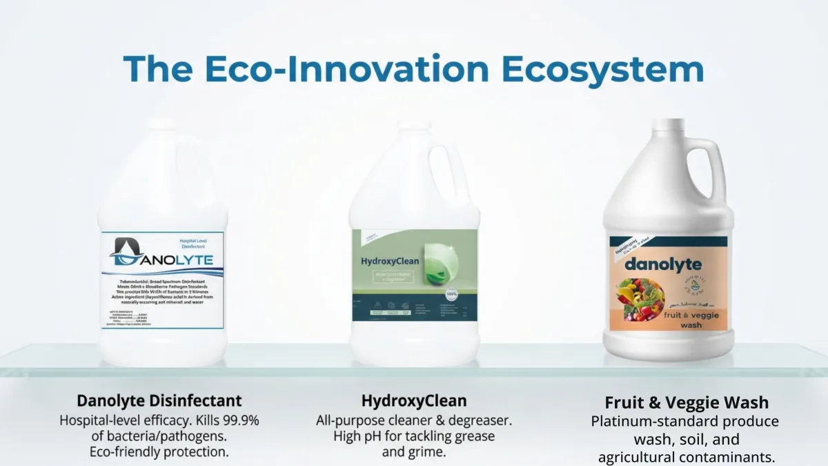 alt="Danolyte product essentials — HOCl disinfectant, fruit & veggie wash, and HydroxyClean degreaser (gallon sizes)"