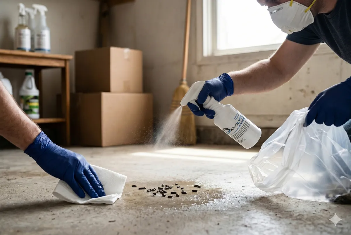 Person wearing gloves and mask using Danolyte HOCl to safely clean mouse droppings.