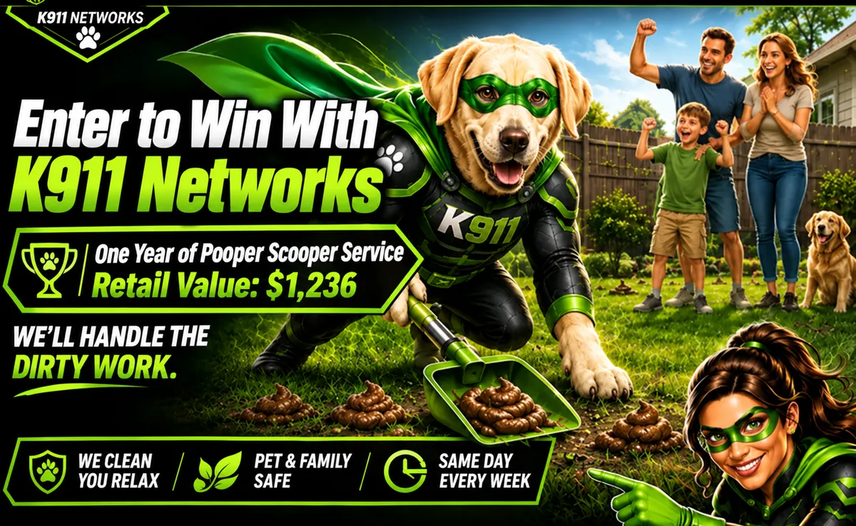 Cream Lab K911 superhero rescuing a family from pet waste while the K911 female superhero points toward the service benefits