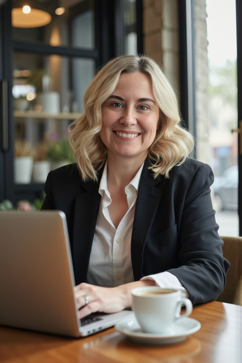 A woman in her late 30s, sitting at a sunlit kitchen table with a journal and coffee, smiling gently as she writes. The background is soft and homey, evoking calm and readiness for new beginnings.