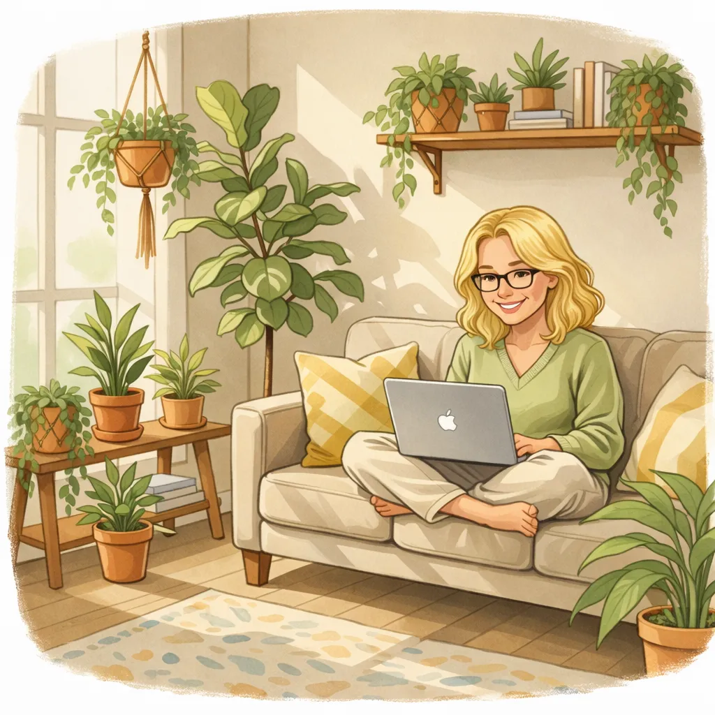 A warm, softly lit living room with a woman in her mid-40s sitting comfortably on a beige sofa, laptop open, surrounded by plants and natural light. The scene feels calm, inviting, and grounded, with muted earth tones and a sense of peaceful productivity.