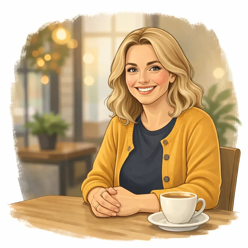 A friendly woman in her late 40s, smiling warmly, sits at a desk with a notepad and a cup of tea, gesturing as if offering advice. The background is softly blurred, with calming beige and green tones, evoking a sense of support and reassurance.