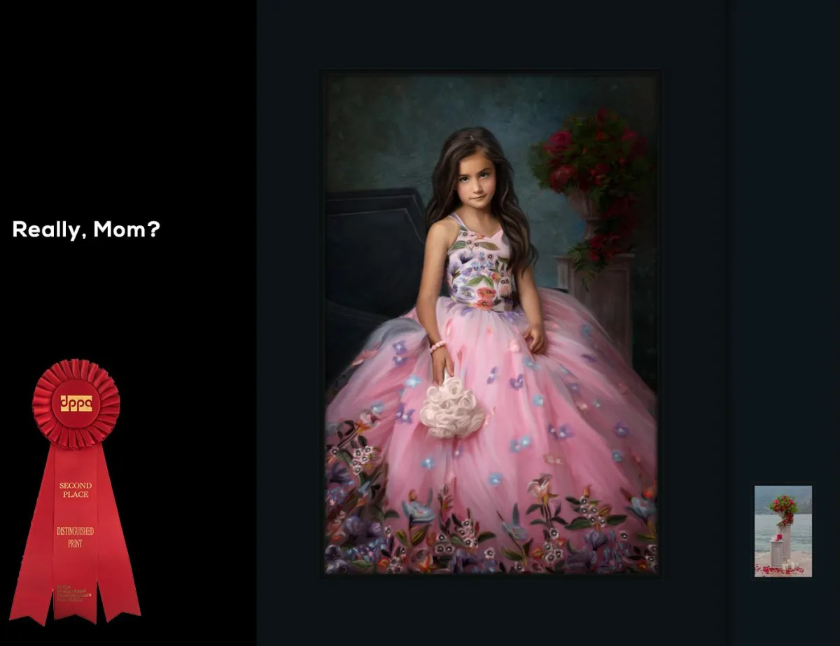 "Really, Mom?" - Dallas Professional Photographers Association: Second Place, Portrait - People. Painted portrait of a 7 year old girl with dark hair wearing an elaborately embroidered floor length pink dress. 