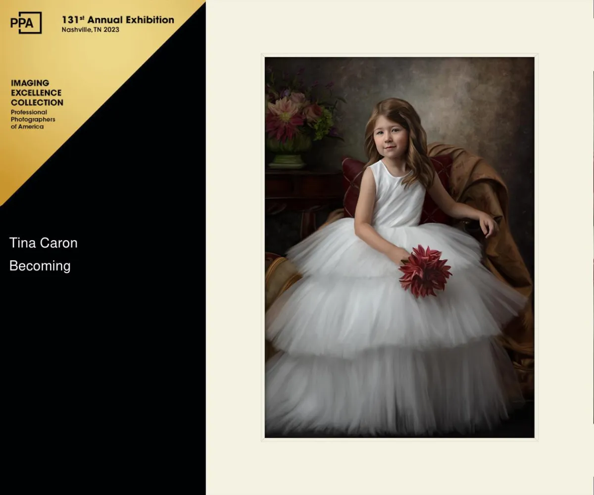 "Becoming" - Professional Photographers of America, Imaging Excellence Award - Portrait of a Child. Classical Fine Art Styled painted portrait of a 7 year old girl in a white floor length dress. 