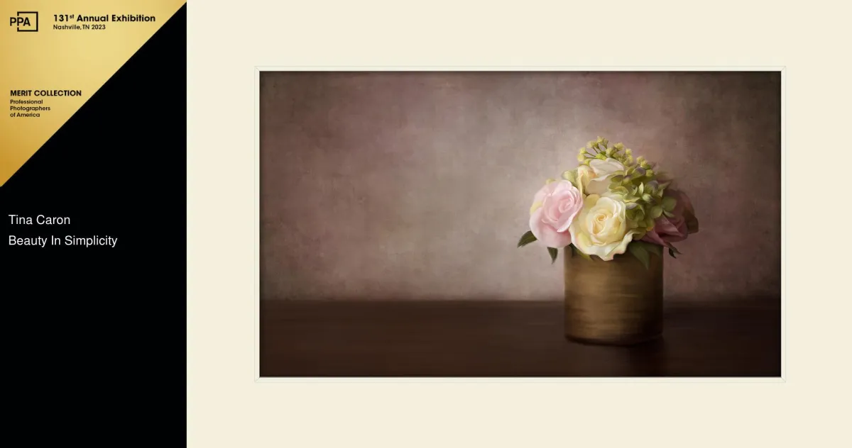 "Beauty In Simplicity" - Professional Photographers Of America, Merit Collection - Illustrative, Landscape/Nature. Fine Art still life of a simple vase of flowers. 