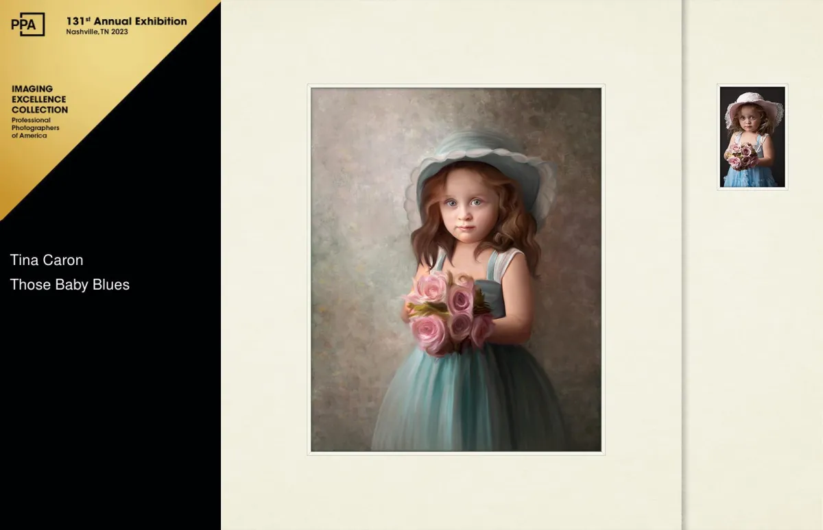 "Those Baby Blues" - Professional Photographers of America: Artist Division, Imaging Excellence Award. Painted portrait of a toddler girl in a blue dress and sunhat carrying a bouquet of pink roses. 