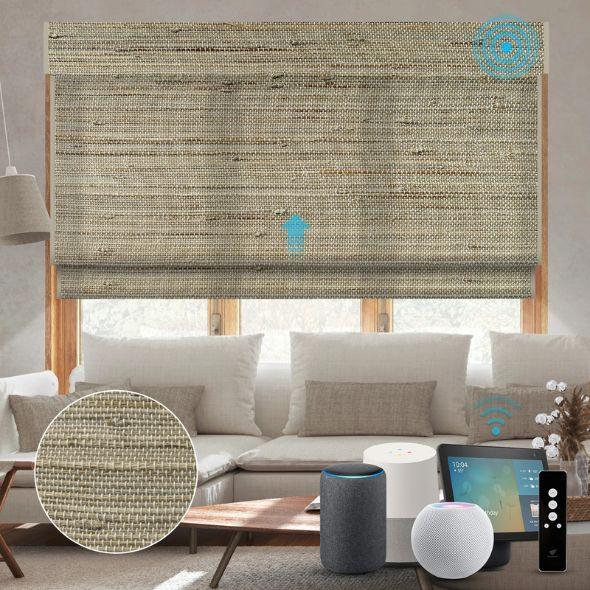 This is a CoastalSmart Blinds Motorized Woven Wood Shades 50%/70%/100% Blackout Aphrodite