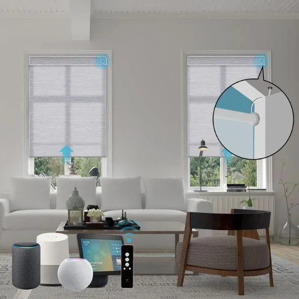 This is a Hardwired Motorized Light Filtering Roller Shades 70% Blackout Essential