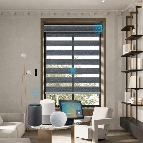 This is a Motorized Zebra Shades 85% Blackout 95mm Ingrid