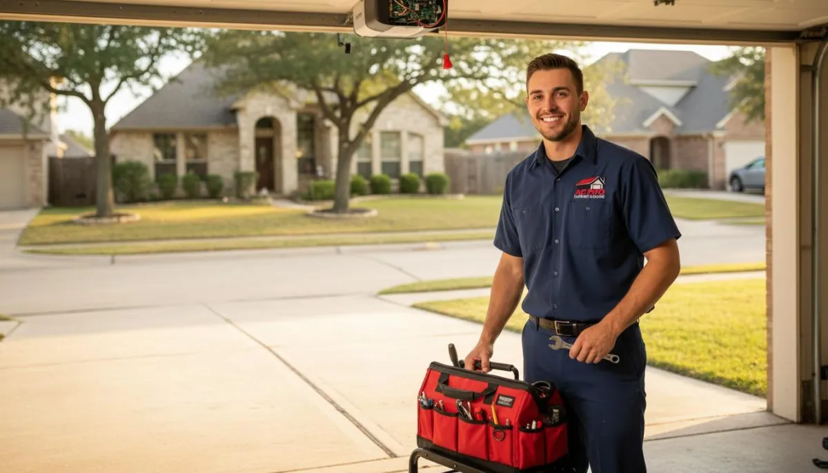 A smiling garage door technician in a crisp uniform stands beside a pristine, modern garage door in a sunlit suburban driveway. The technician holds a digital tablet, exuding professionalism and approachability. The background features a well-kept home, lush greenery, and a clear blue sky.