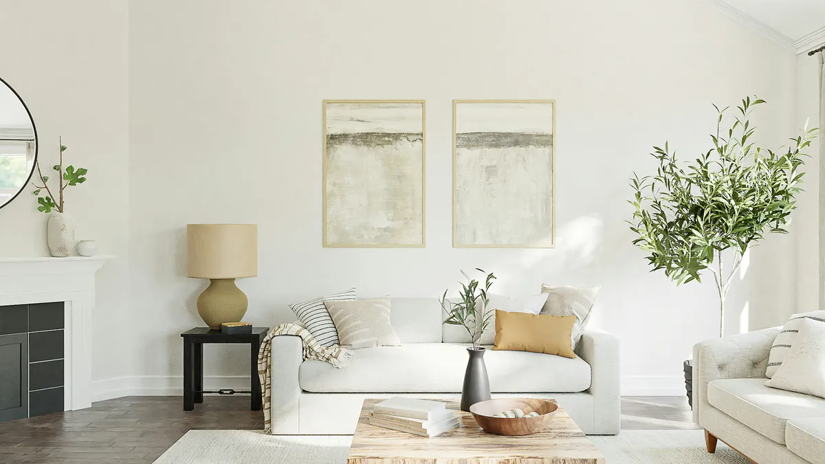 Bright, spotless white living room with sofa and minimalist decor
