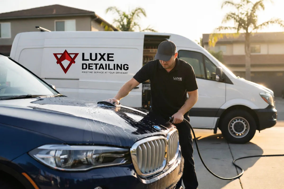 Luxe Detailing team performing a mobile detail in Orange County driveway