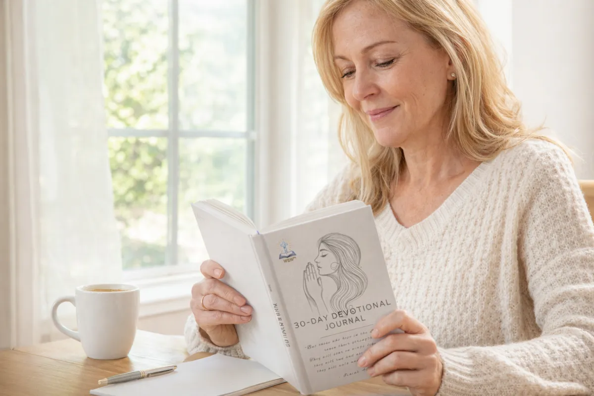 Peaceful devotional journal mockup with Bible, pen, and coffee on a light background