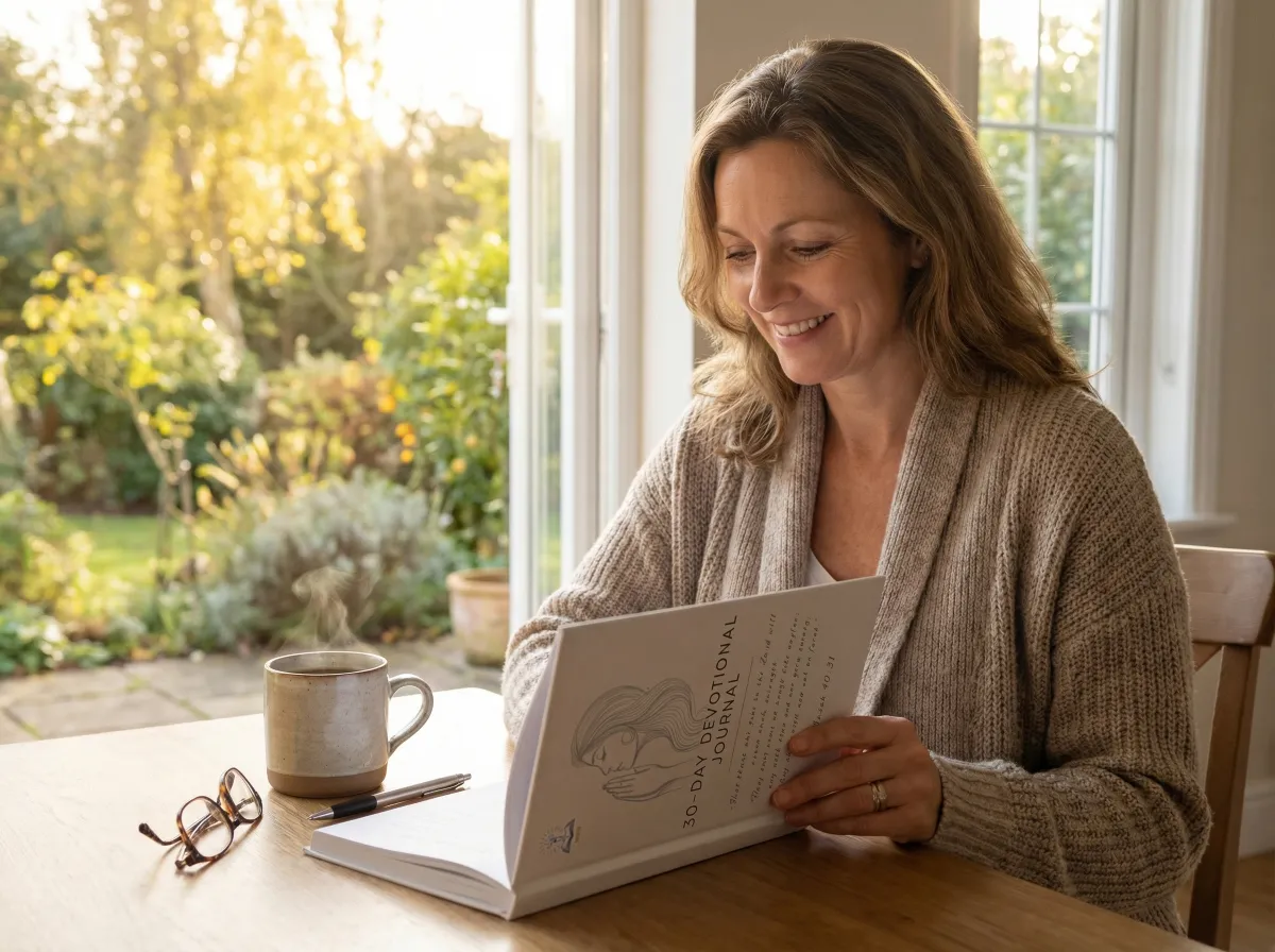 Devotional journal with Bible, pen, and coffee