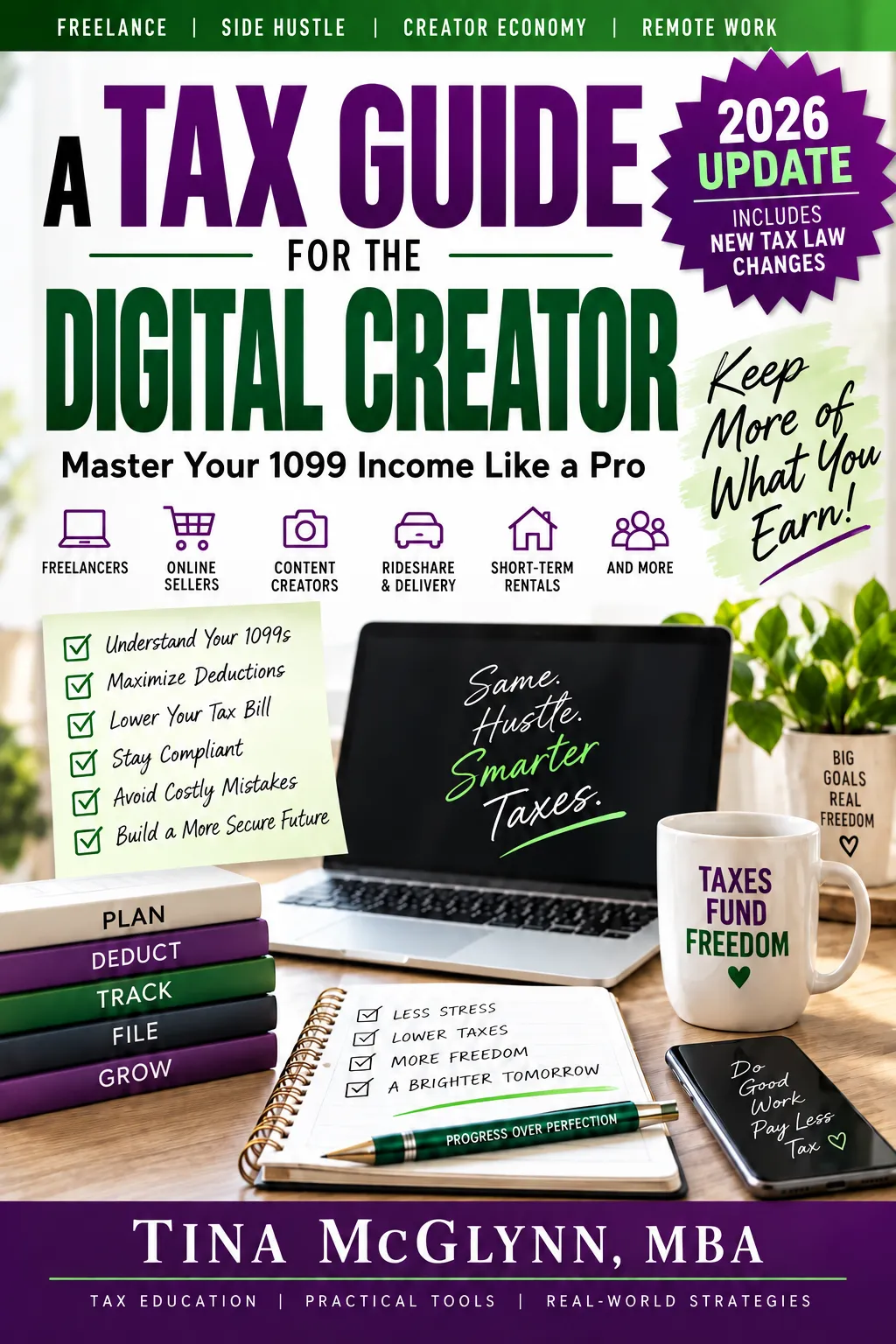 Product showcase of the Tax Guide for Online Entrepreneurs with sample interior pages (deduction checklist, income & expense tracking sheet, and a chart/worksheet)