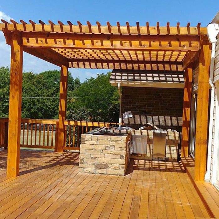 Pergola staining in Oklahoma City protecting outdoor wood from UV, wind, and moisture damage