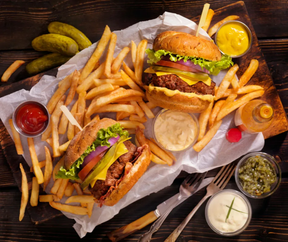 A plate of food on a wooden table
