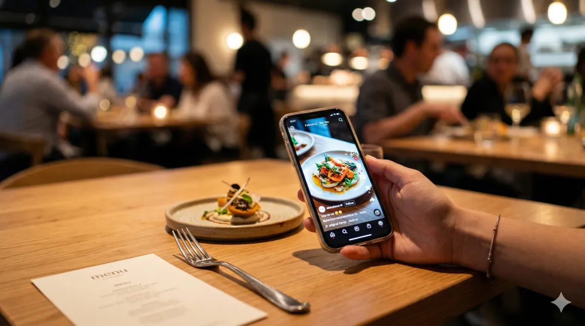 A first-person perspective of a hand holding a smartphone in a dimly lit, modern restaurant. The phone screen displays a vibrant social media video of a gourmet dish, while a real plate and a menu sit on the wooden table in the foreground, with the blurred ambiance of the dining room in the background.