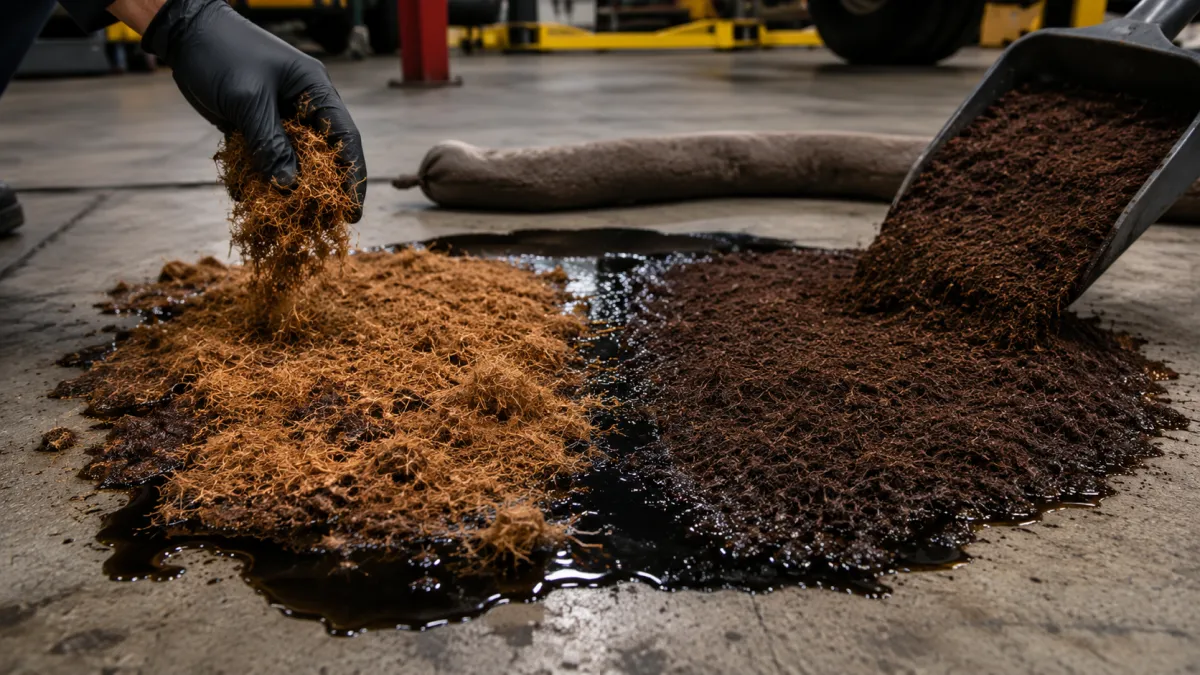 Peat moss and coconut coir oil absorbent comparison showing real-world industrial spill cleanup performance on concrete, with peat moss demonstrating faster, cleaner oil encapsulation than coir.
