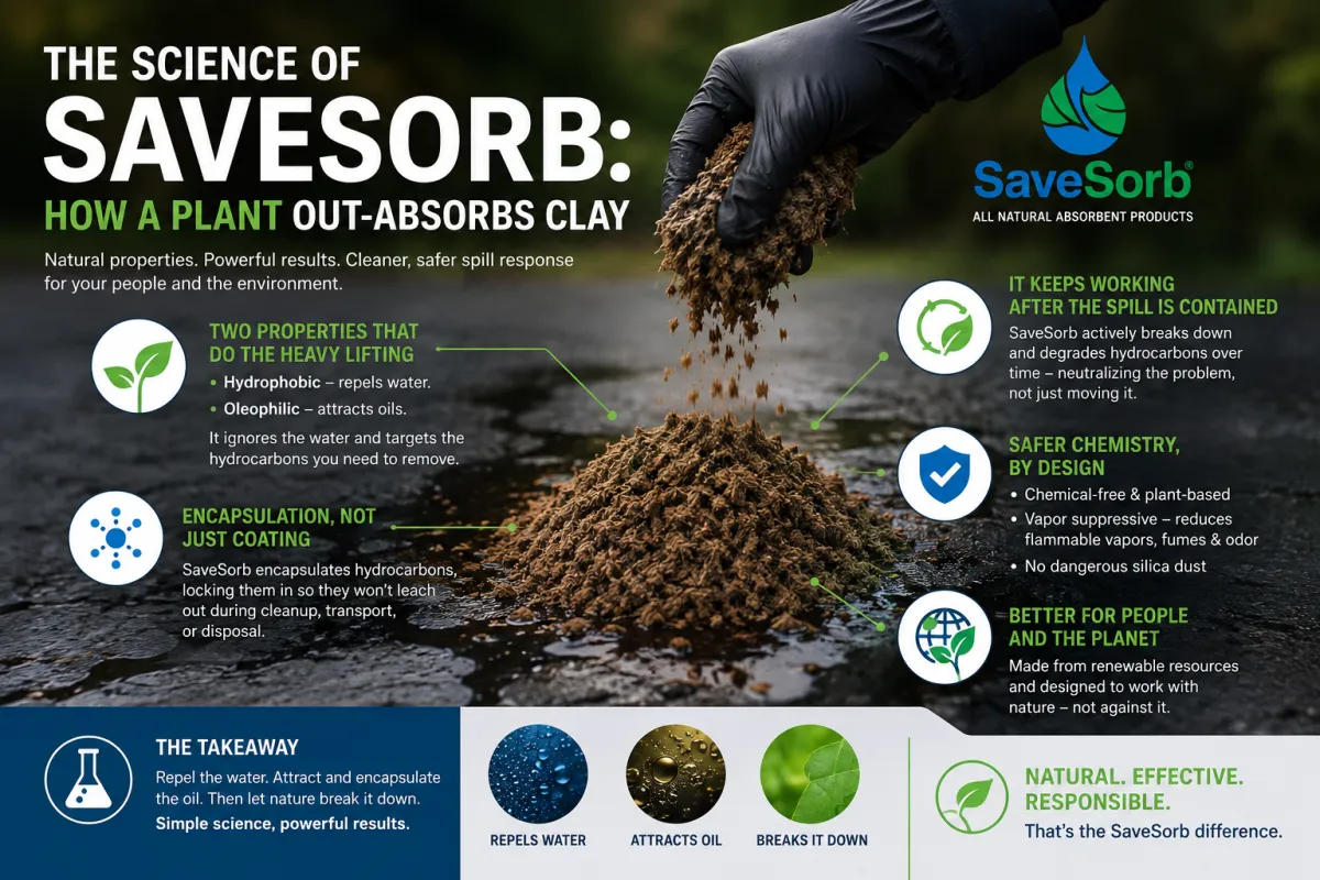 What makes SaveSorb different from traditional clay? 🌱 Learn how its plant-based material uses hydrophobic and oleophilic properties to target hydrocarbons, encapsulate spills, and support a more sustainable cleanup process.