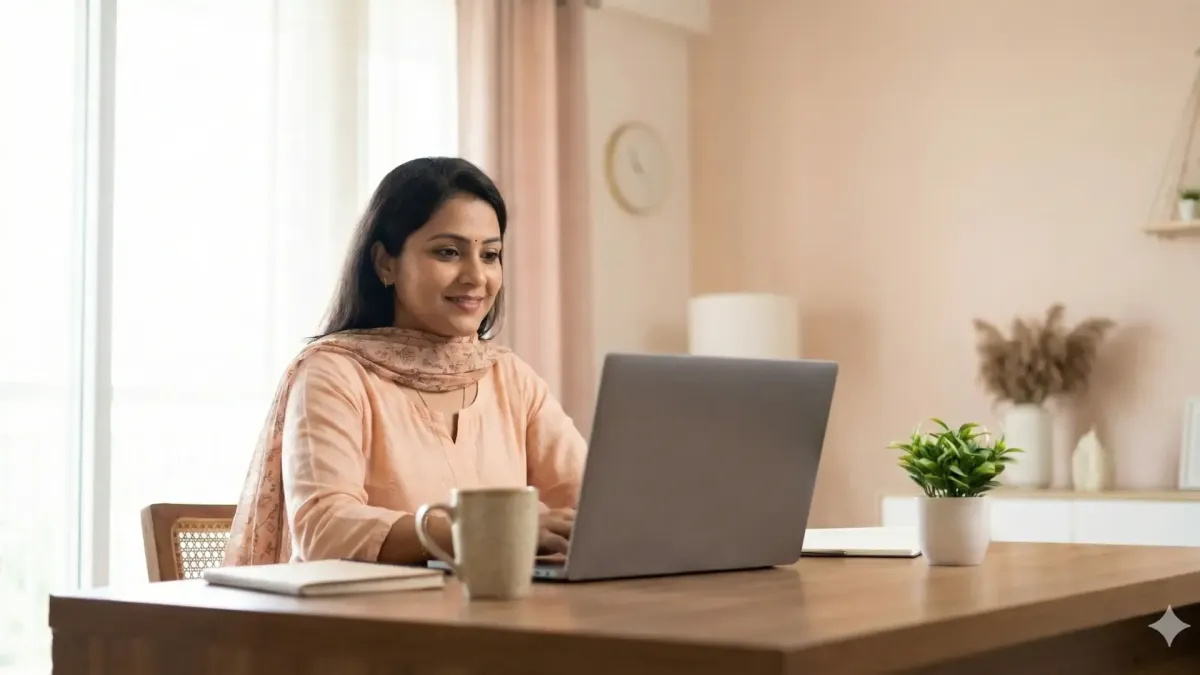 Indian woman smiling while working from home on laptop, representing identity, income and empowerment at SaathBade.