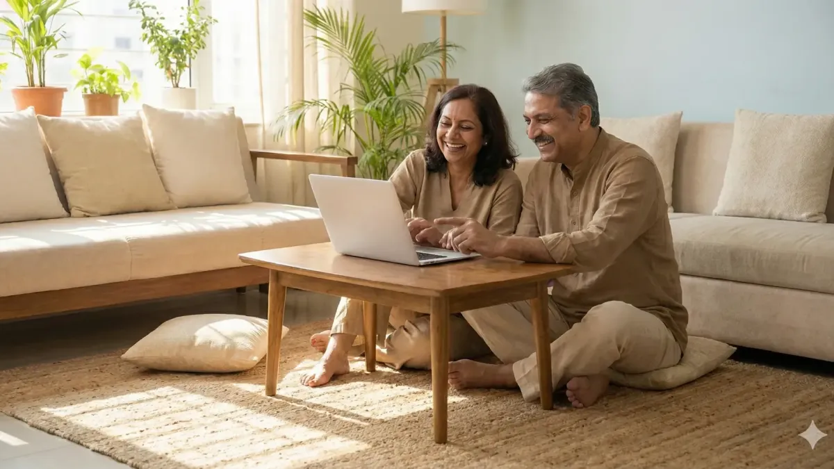 Indian couple working together on a laptop at home, symbolising peace, paisa and partnership with SaathBade.