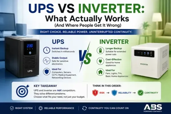 Professional UPS vs inverter comparison infographic showing instant backup, longer backup, reliability, and continuity for homes and offices