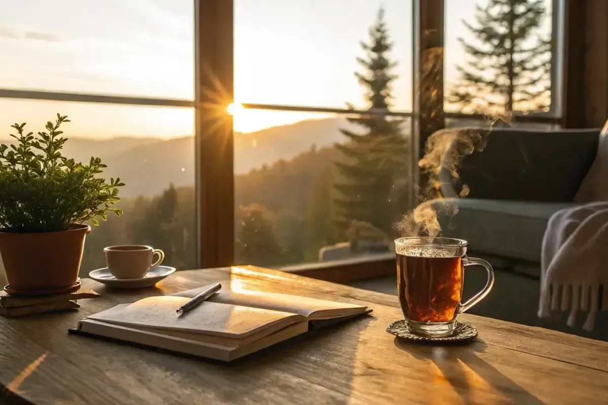 Elegant journal and tea setting overlooking peaceful countryside symbolizing thoughtful land ownership and long-term thinking.