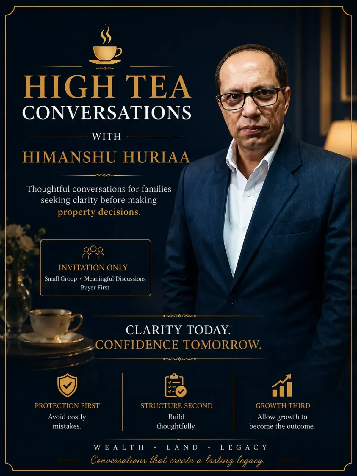 Small group gathering for High Tea Conversations, an invitation-only discussion on thoughtful property decisions hosted by Himanshu Huriaa.