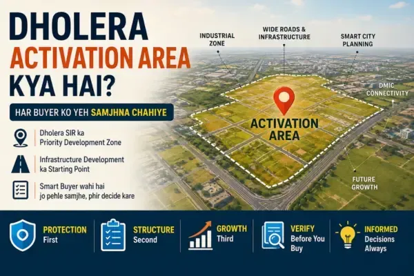 Dholera Activation Area map showing priority development zone, infrastructure planning, DMIC connectivity and buyer guide for understanding Dholera SIR development.