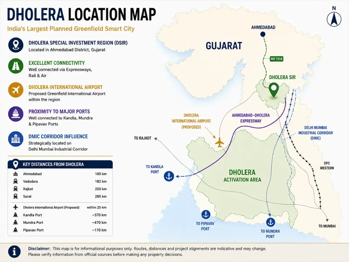 Dholera location map showing Ahmedabad, Dholera SIR, airport and regional connectivity