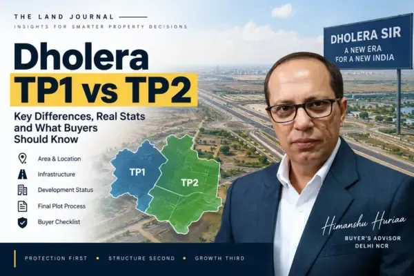 Dholera TP1 vs TP2 comparison guide featuring Himanshu Huriaa, highlighting key differences in area, infrastructure, development status, final plot process, and buyer verification considerations in Dholera SIR.