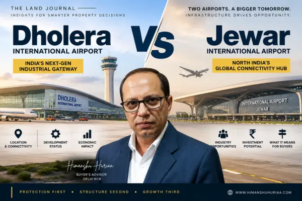 Comparison of Dholera Airport and Jewar Airport highlighting connectivity, infrastructure, industrial ecosystem, and key considerations for property buyers.