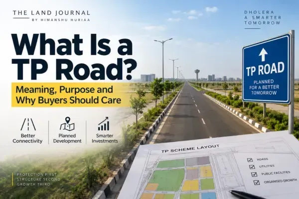 Town Planning (TP) Road in Dholera showing a planned road network, TP Scheme layout map, and infrastructure planning framework for property buyers.