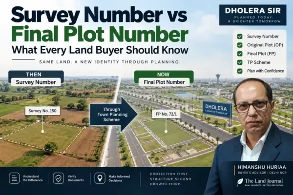 Survey Number vs Final Plot Number infographic explaining the difference between revenue records, Original Plot (OP), Final Plot (FP), TP Schemes, and buyer verification steps in Dholera.
