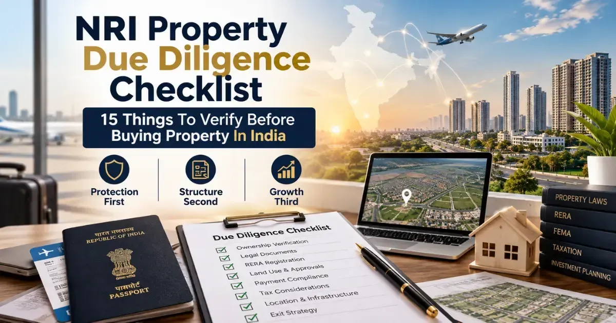 NRI property due diligence checklist showing property documents, Indian passport, property map and verification steps for buying property in India