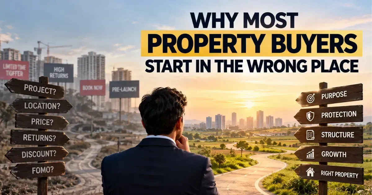 Property buyer standing at a crossroads comparing marketing-driven decisions with a structured property buying framework based on purpose, protection, structure and growth.