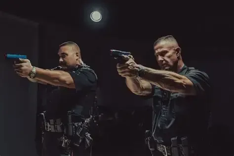 Two security officers aim at a training simulator