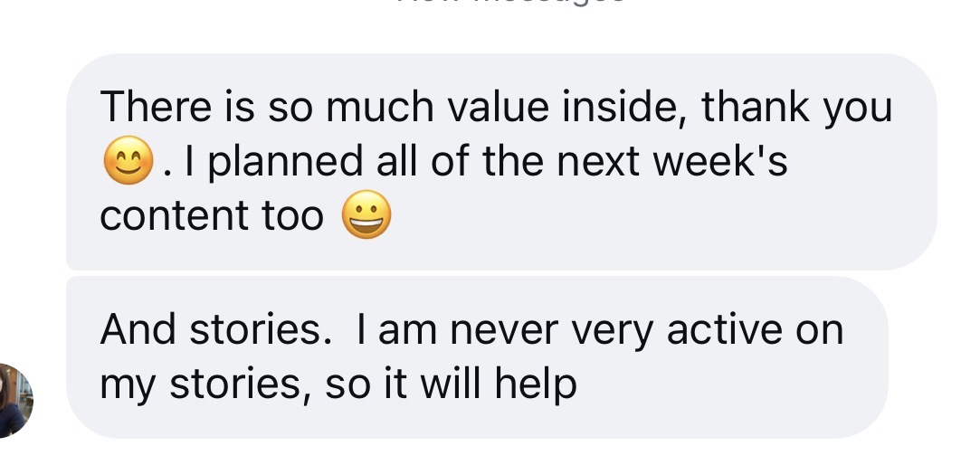 Member message: so much value, planned next week's content and stories