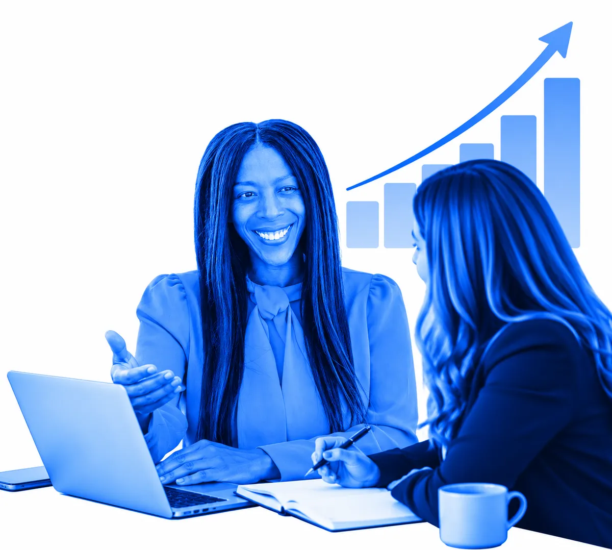 A professional business coach meets with a client to discuss strategy, goals, and opportunities for growth, represented by an upward-trending graph in the background.