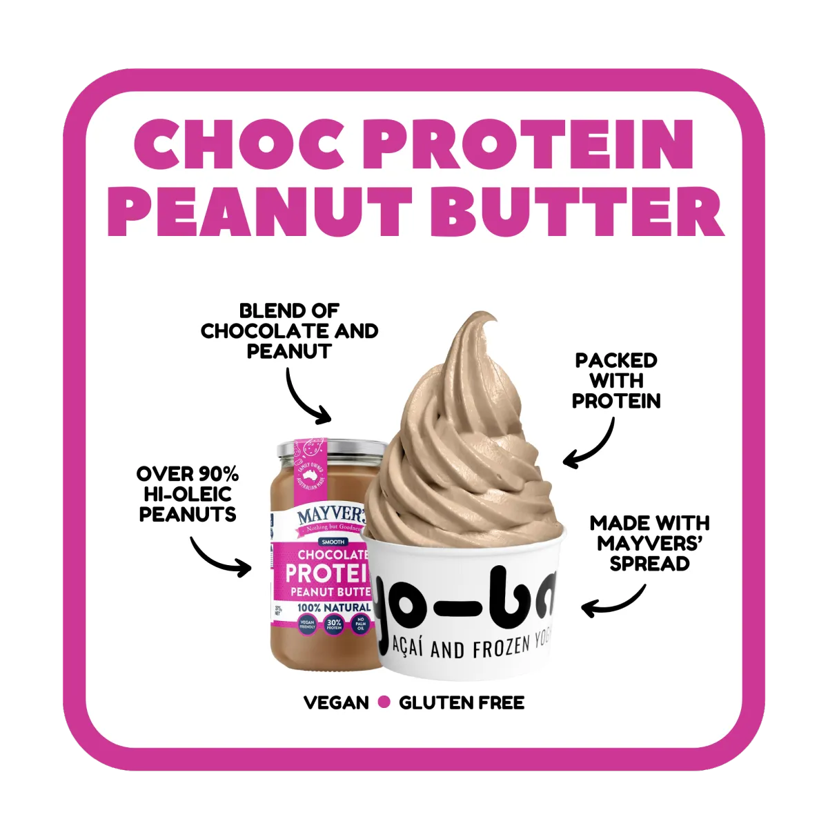 Yo-Bar's New Choc Protein Peanut Butter Frozen Yogurt – Vegan, Gluten-Free, and 98% Sugar-Free. Made with Mayver's Spread featuring over 90% hi-oleic peanuts, this indulgent blend of chocolate and peanut flavor is packed with protein. Ideal for health-conscious treat lovers looking for a delicious and nutritious option. Choc Protein Peanut Butter Frozen Yogurt Yo-Bar frozen yogurt Vegan frozen yogurt Gluten-free dessert 98% sugar-free yogurt High-protein frozen yogurt Mayver's peanut butter yogurt Chocolate peanut butter yogurt Low-sugar dessert Healthy frozen treat Hi-oleic peanuts Plant-based yogurt Protein-packed yogurt Mayver's spread